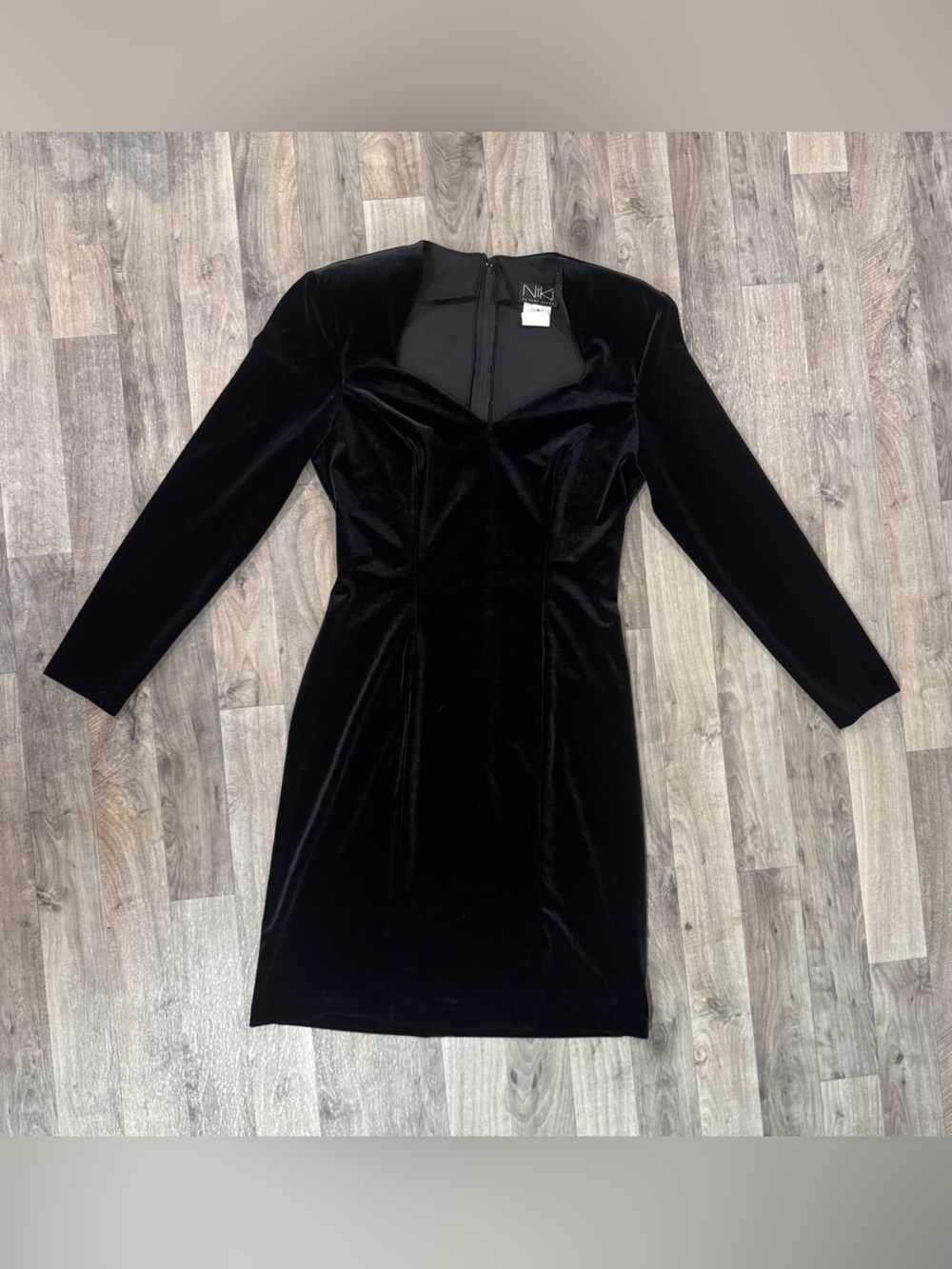Vintage Niki Livas Black Velvet Long Sleeve Midi Cocktail Evening Dress Size 8